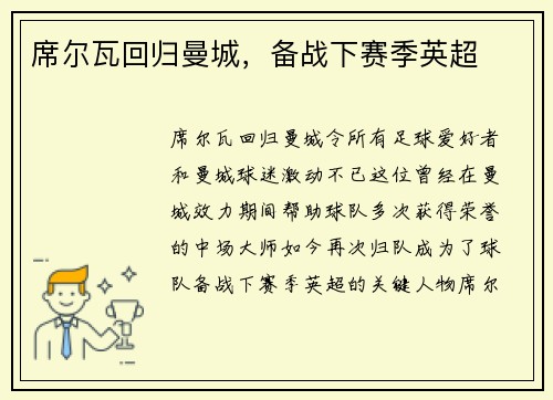 席尔瓦回归曼城，备战下赛季英超